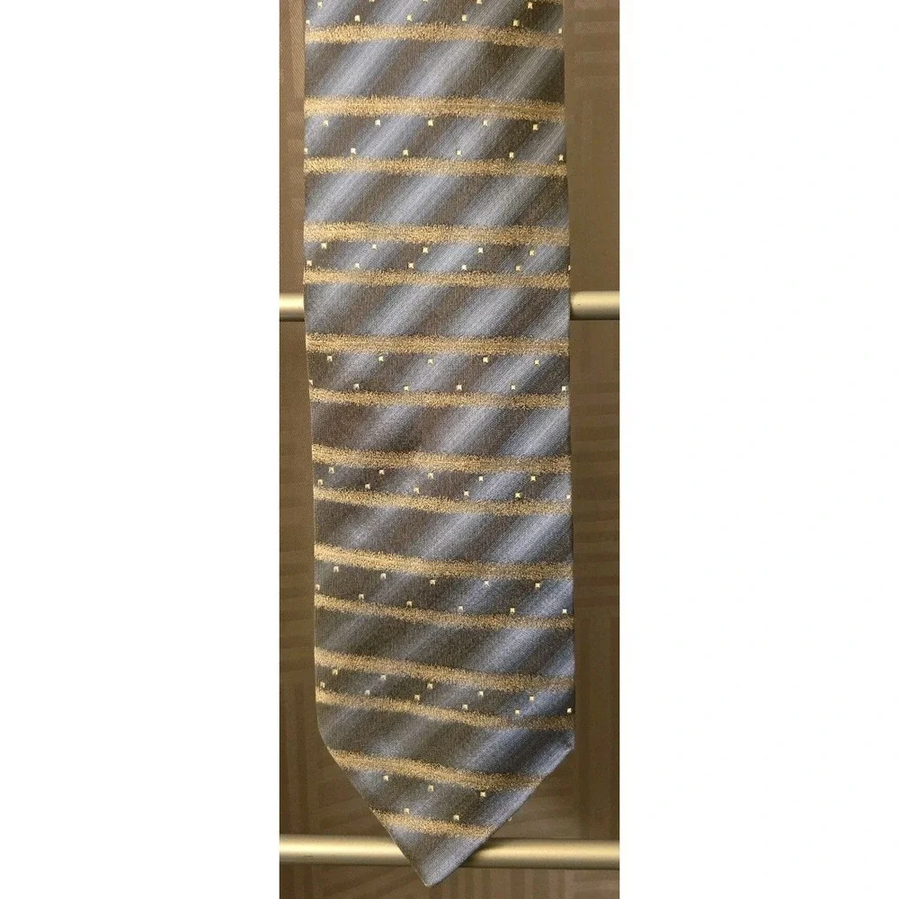 Bachrach‎ Shimmery Blue Gray Striped Dotted 100% Silk Men's Necktie 60